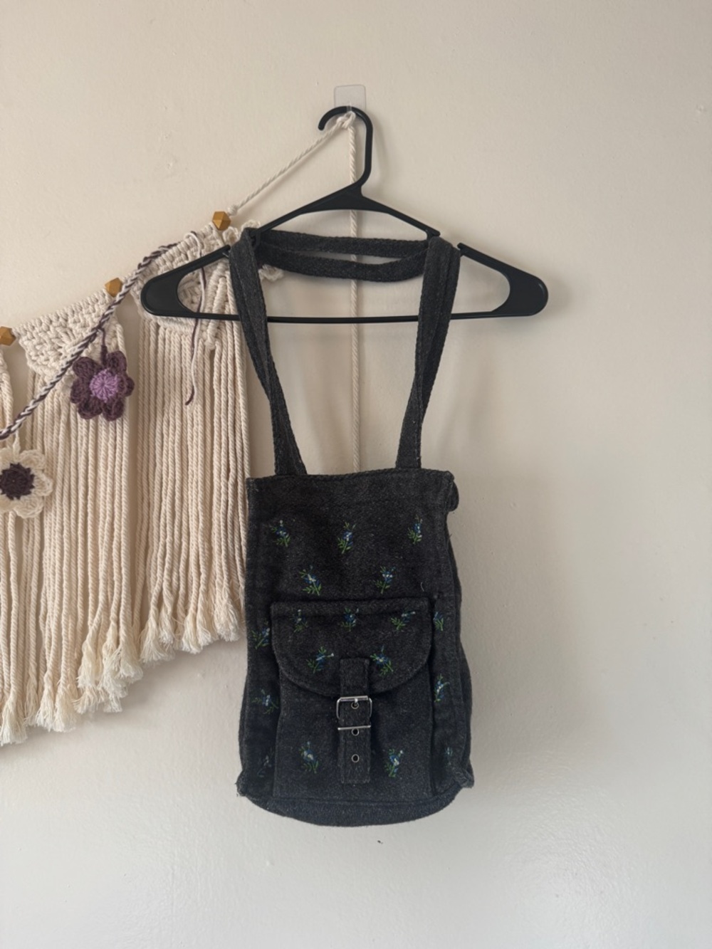 Black Embroidered Wool Crossbody Bag